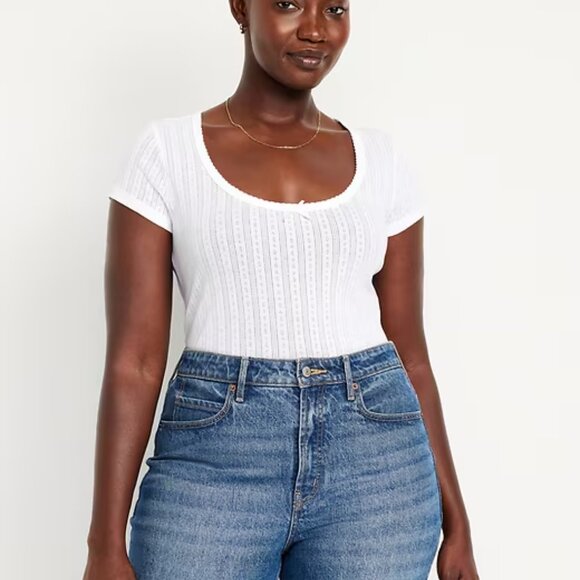 Old Navy White Lace-Trim Ribbed Pointelle T-Shirt/NWT/L - Picture 2 of 10